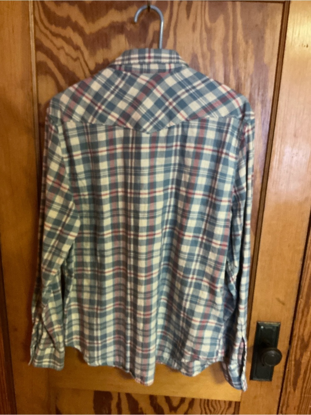 Lucky Brand Western Plaid Pearl Snap Button Up Shirt Large Blue Red Cotton - Picture 6 of 10